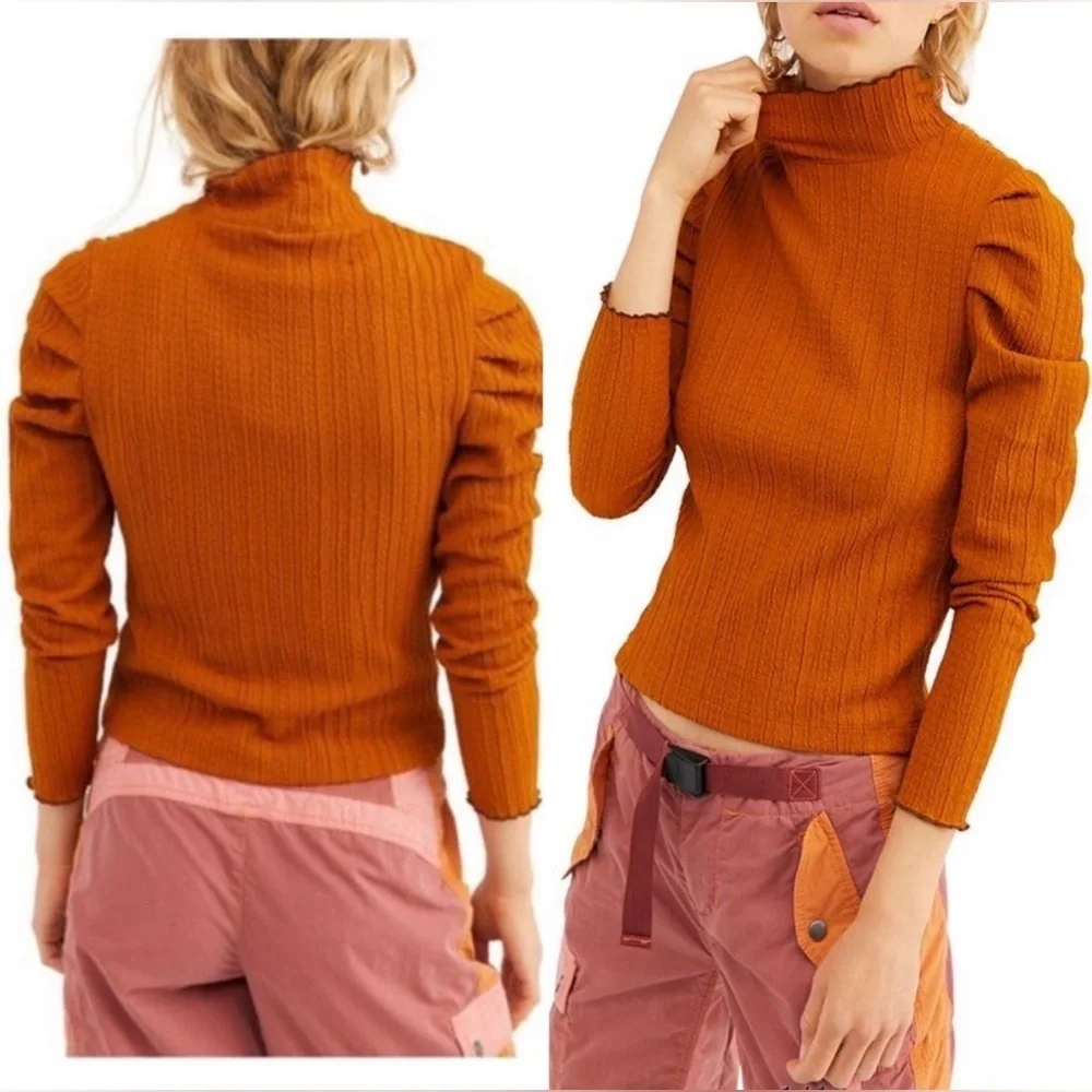 Free People Ela Mock Neck Top Puff Sleeve Terracotta Textured Knit Poetcore S